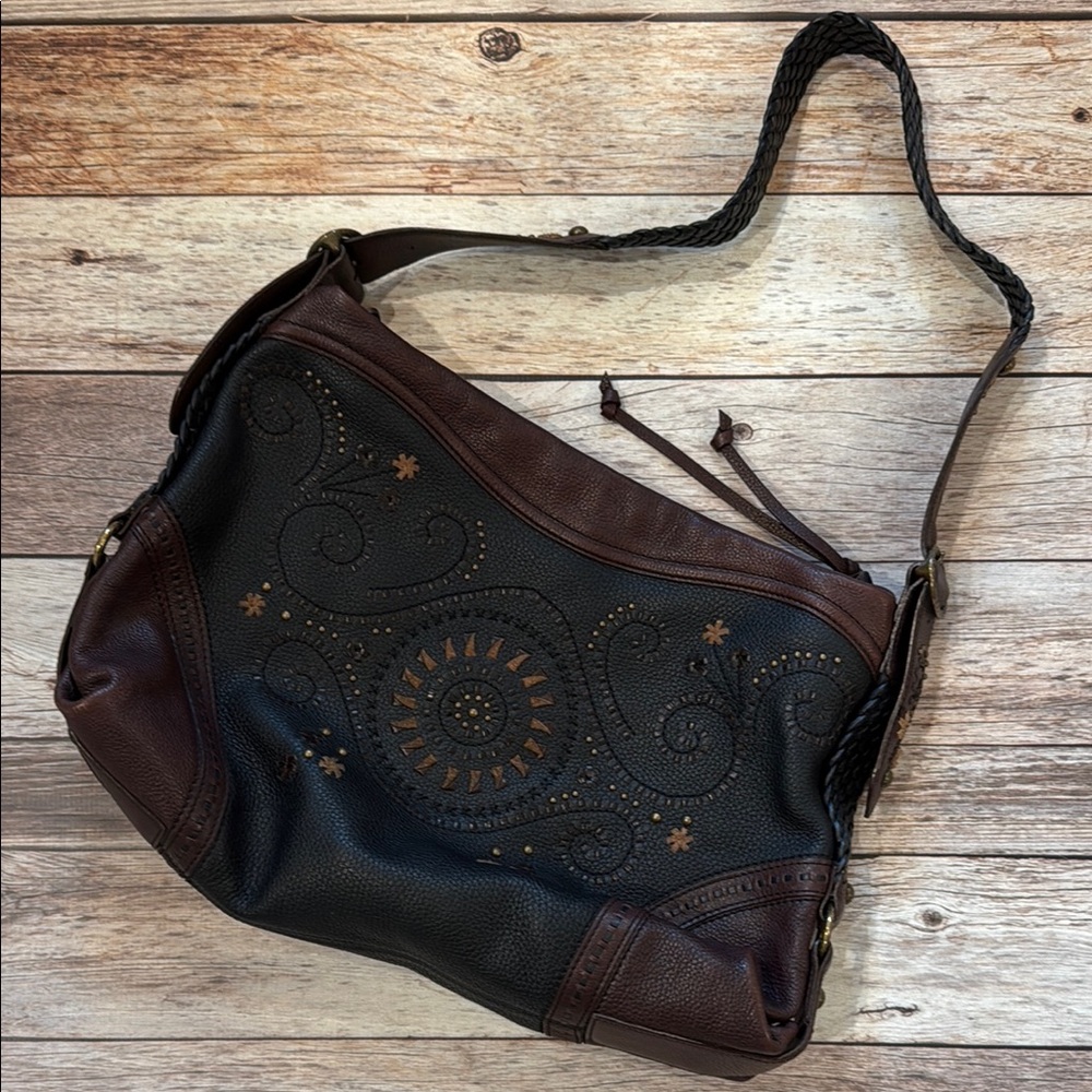 BRIGHTON Montana Montreal Studded Embroidered Black Leather Purse Bag